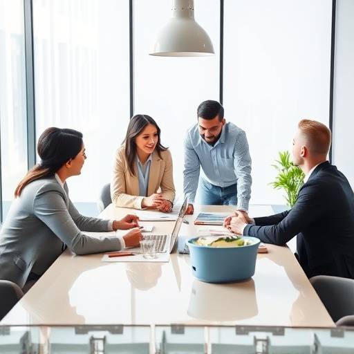 Immagine di una riunione di consulenza aziendale con un team che collabora attivamente attorno a un tavolo