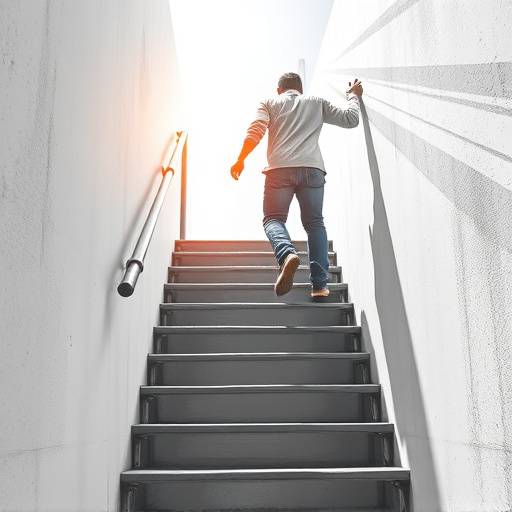 Una persona che sale dei gradini simboleggianti lo sviluppo personale.